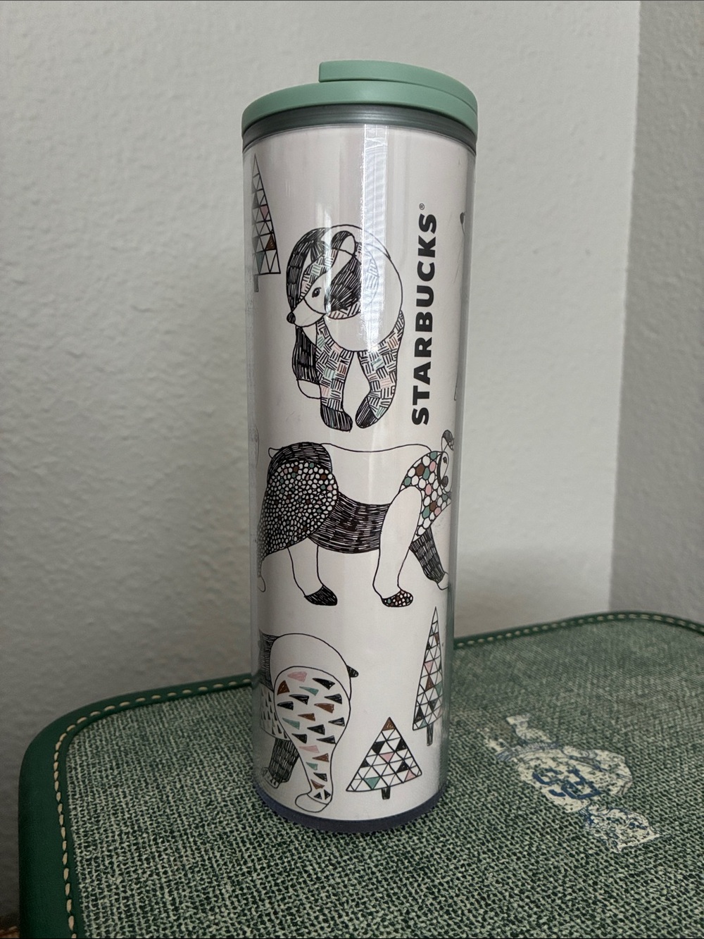 Starbucks Mint Green Lidded Animal Print Travel Tumbler 16 oz. Coffee Tea Travel